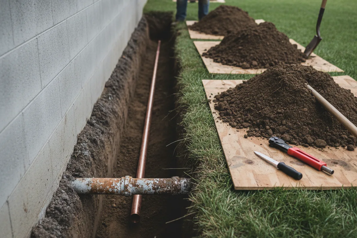 Excavated water line trench during Sewer Line Repair in Appling